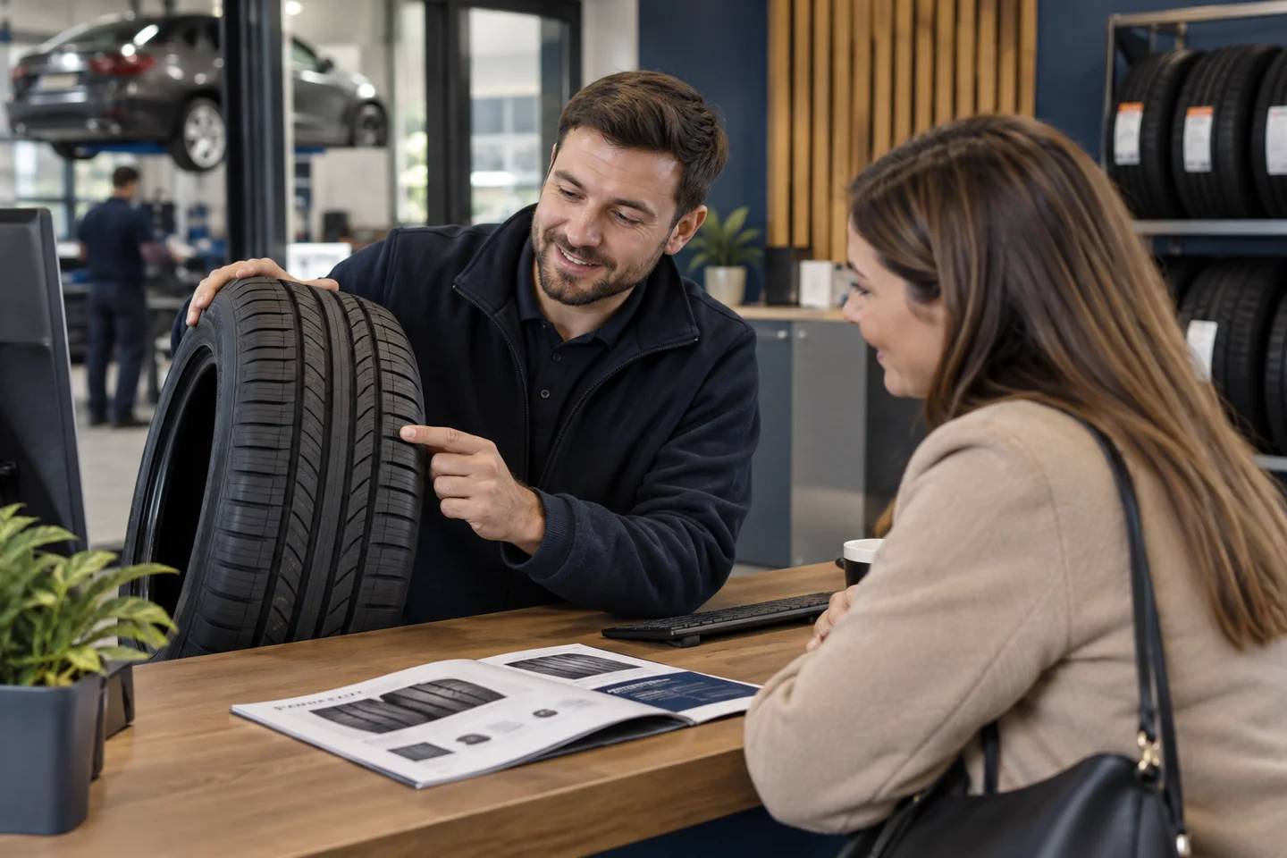 Illustrative service advisor discussing tyre specifications with a customer