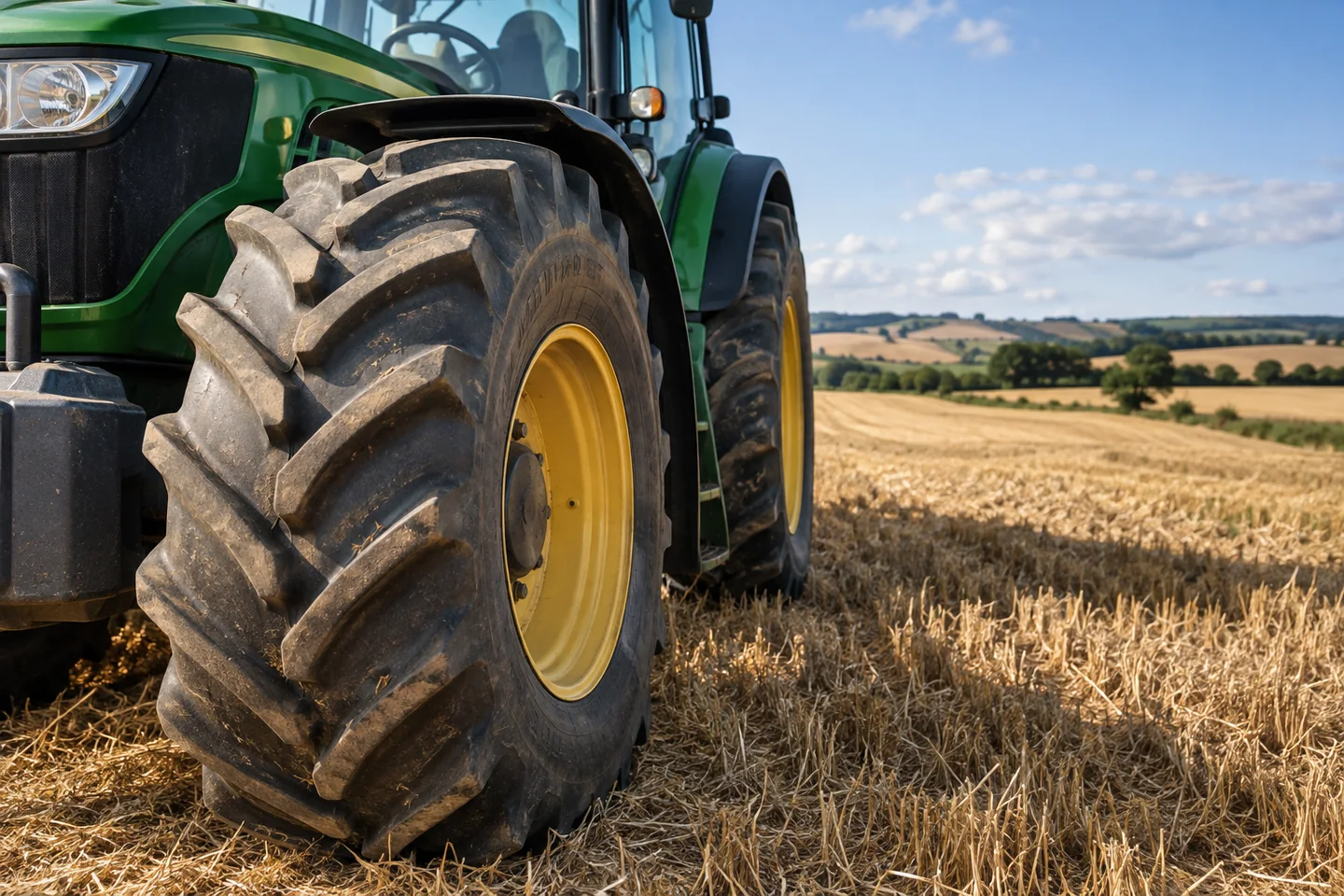 Illustrative agricultural tractor tyre beside a field