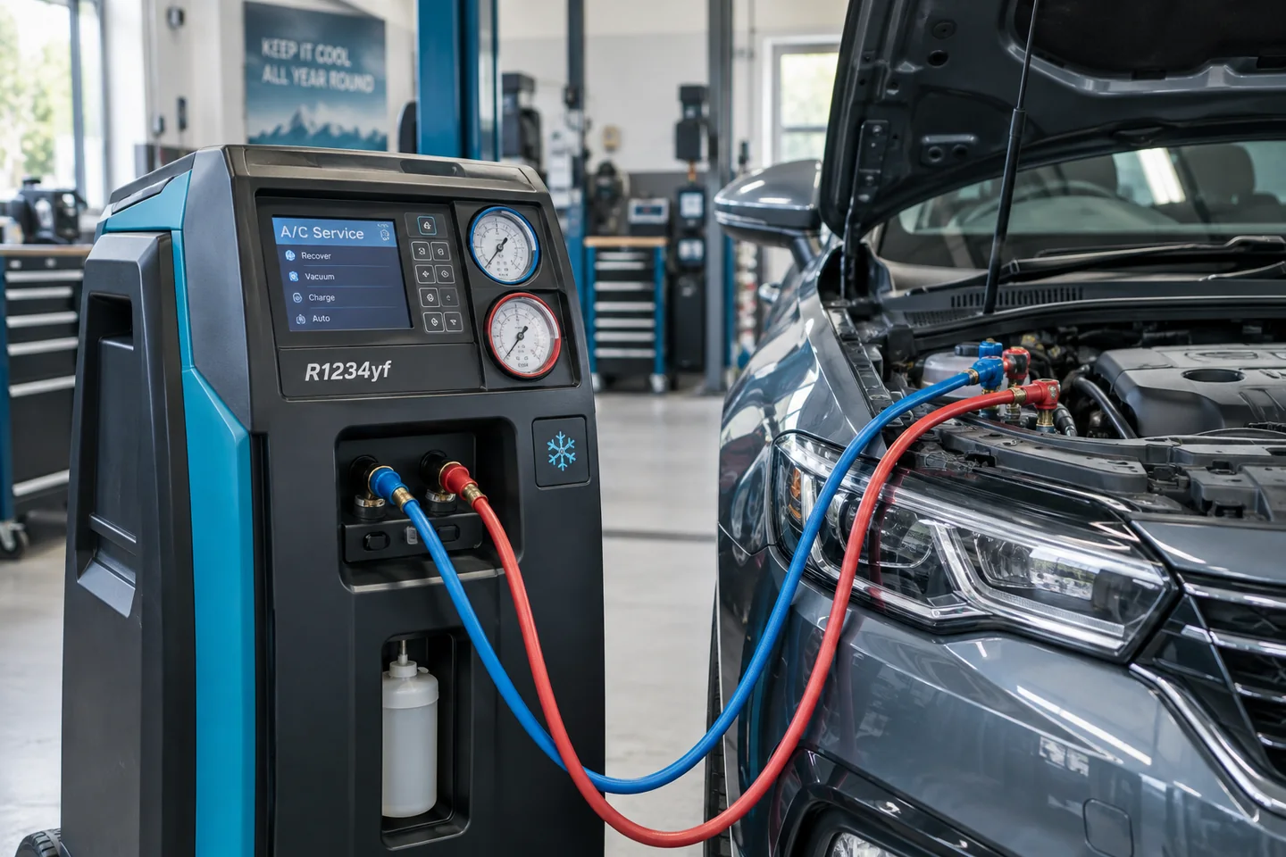 Illustrative air-conditioning service equipment beside an open bonnet