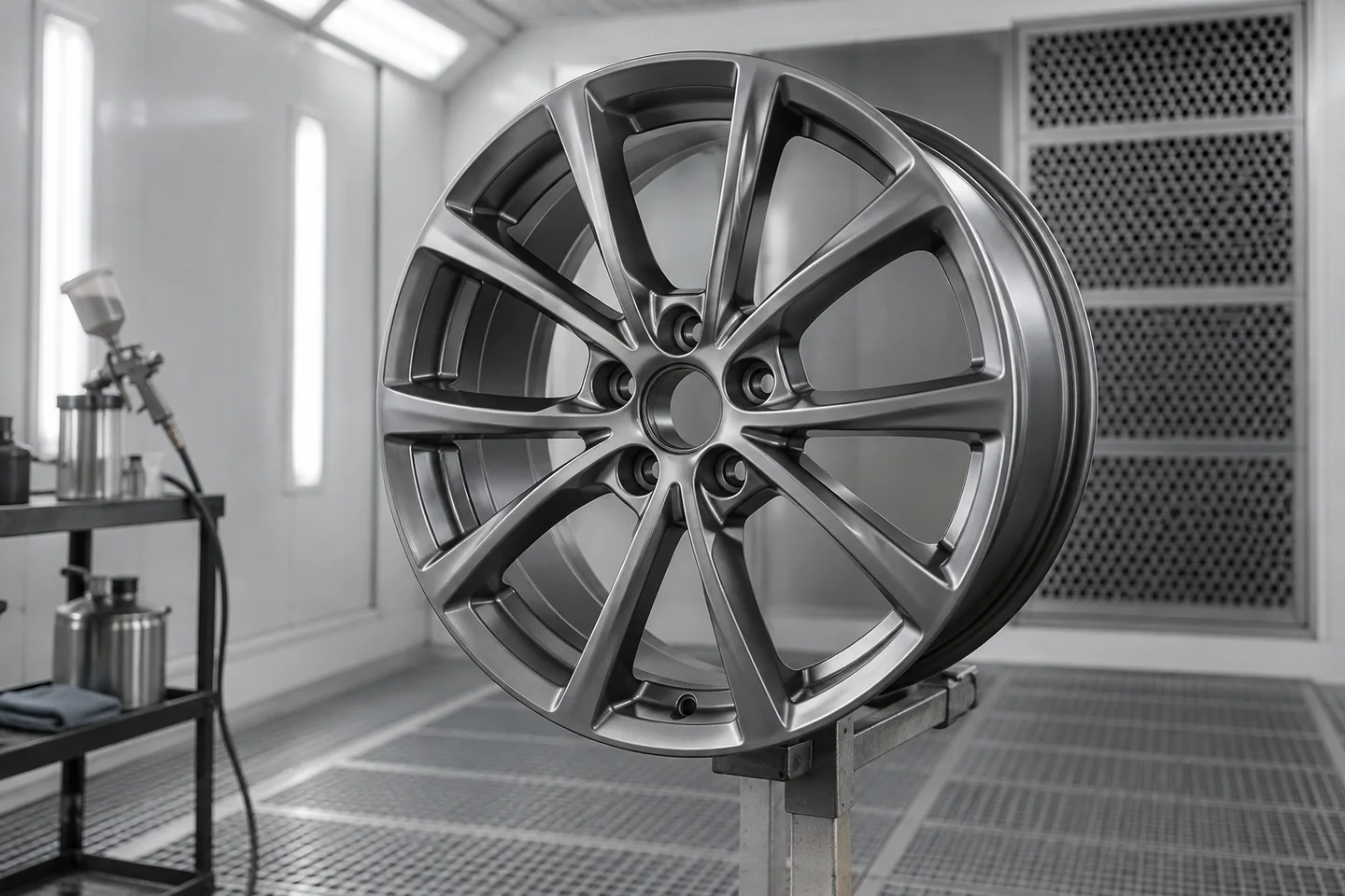 Illustrative refinished graphite alloy wheel in a finishing booth