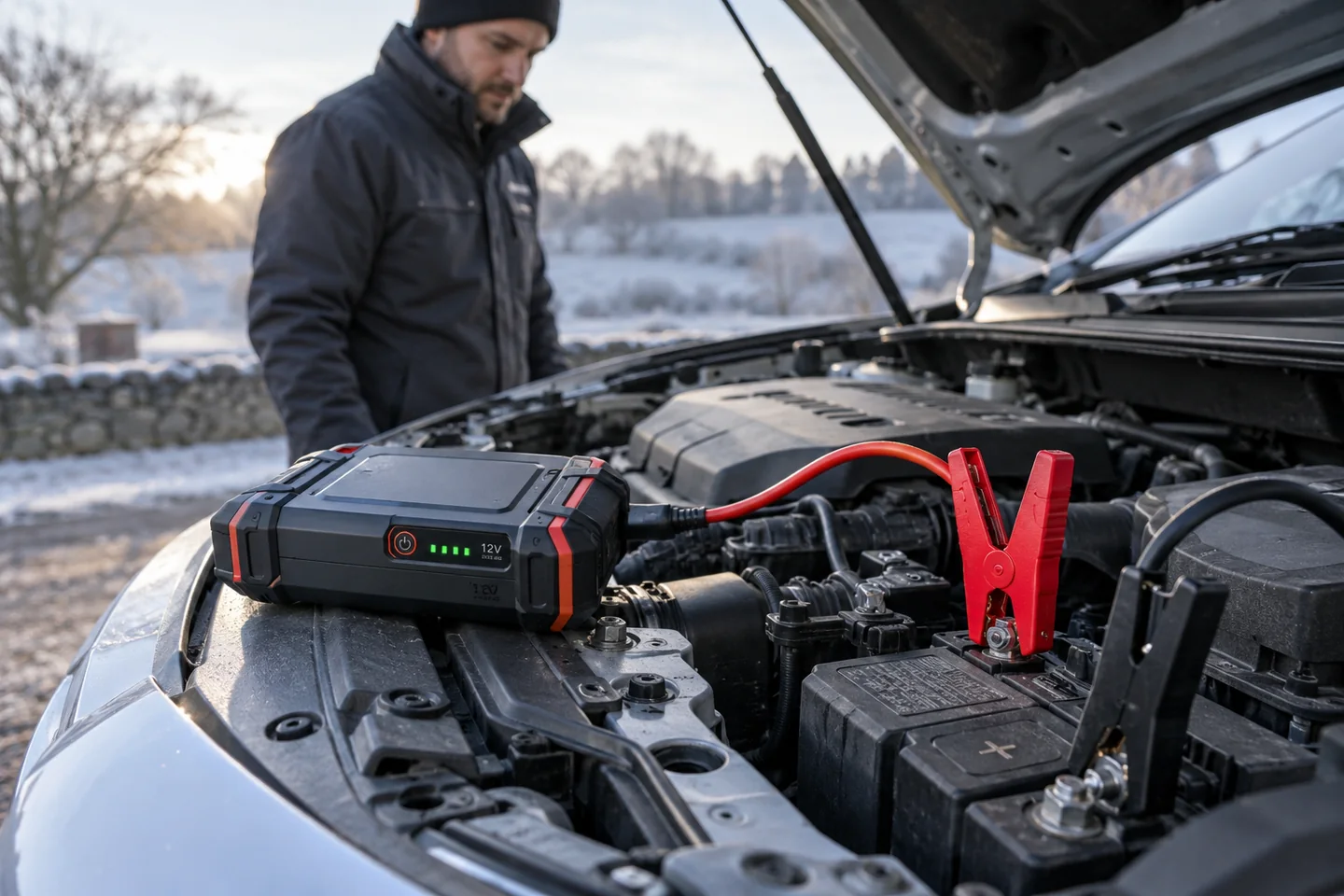 Illustrative portable jump starter beside a car engine
