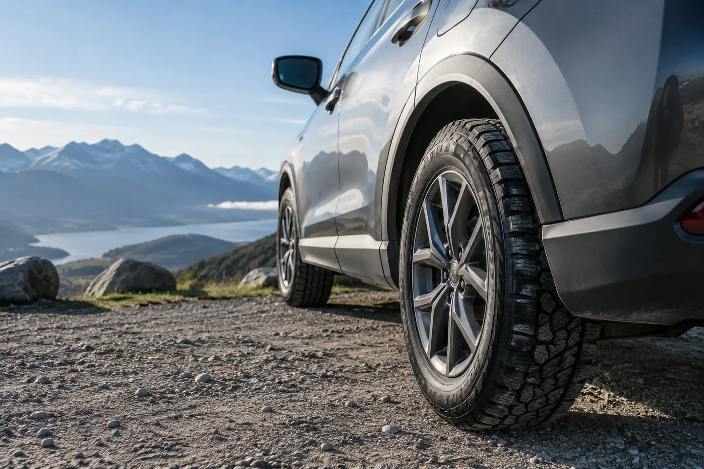 Illustrative unbranded SUV tyre at a mountain lookout