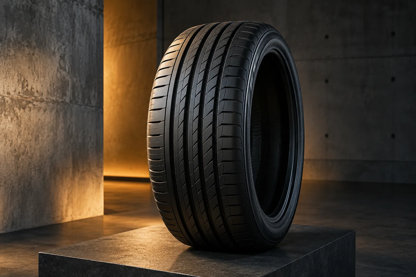 Illustrative unbranded road tyre in a warm-lit product display