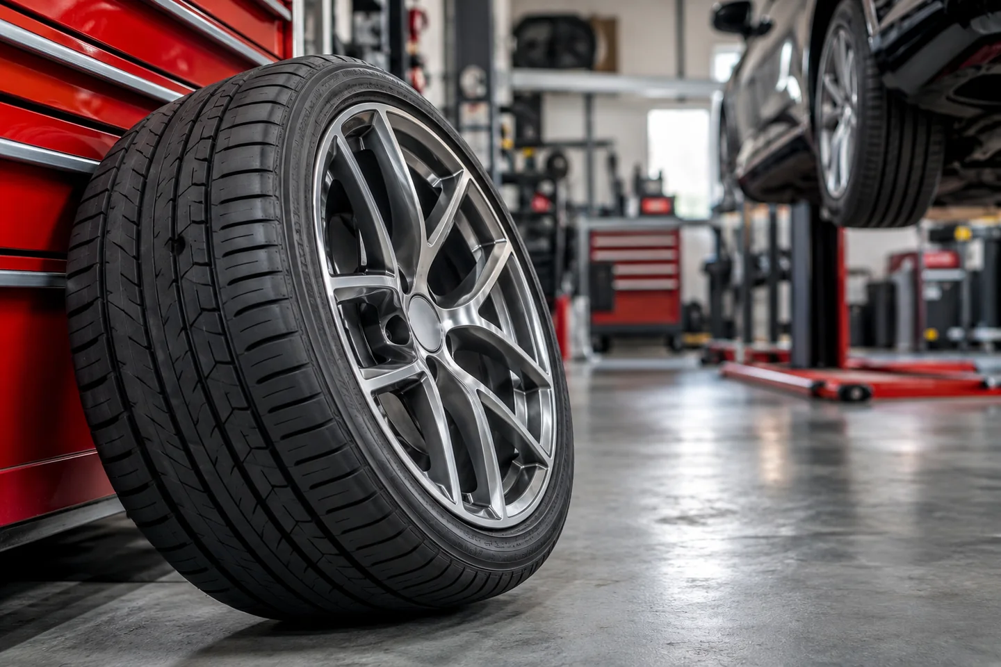 Illustrative unbranded tyre and alloy wheel in a performance workshop