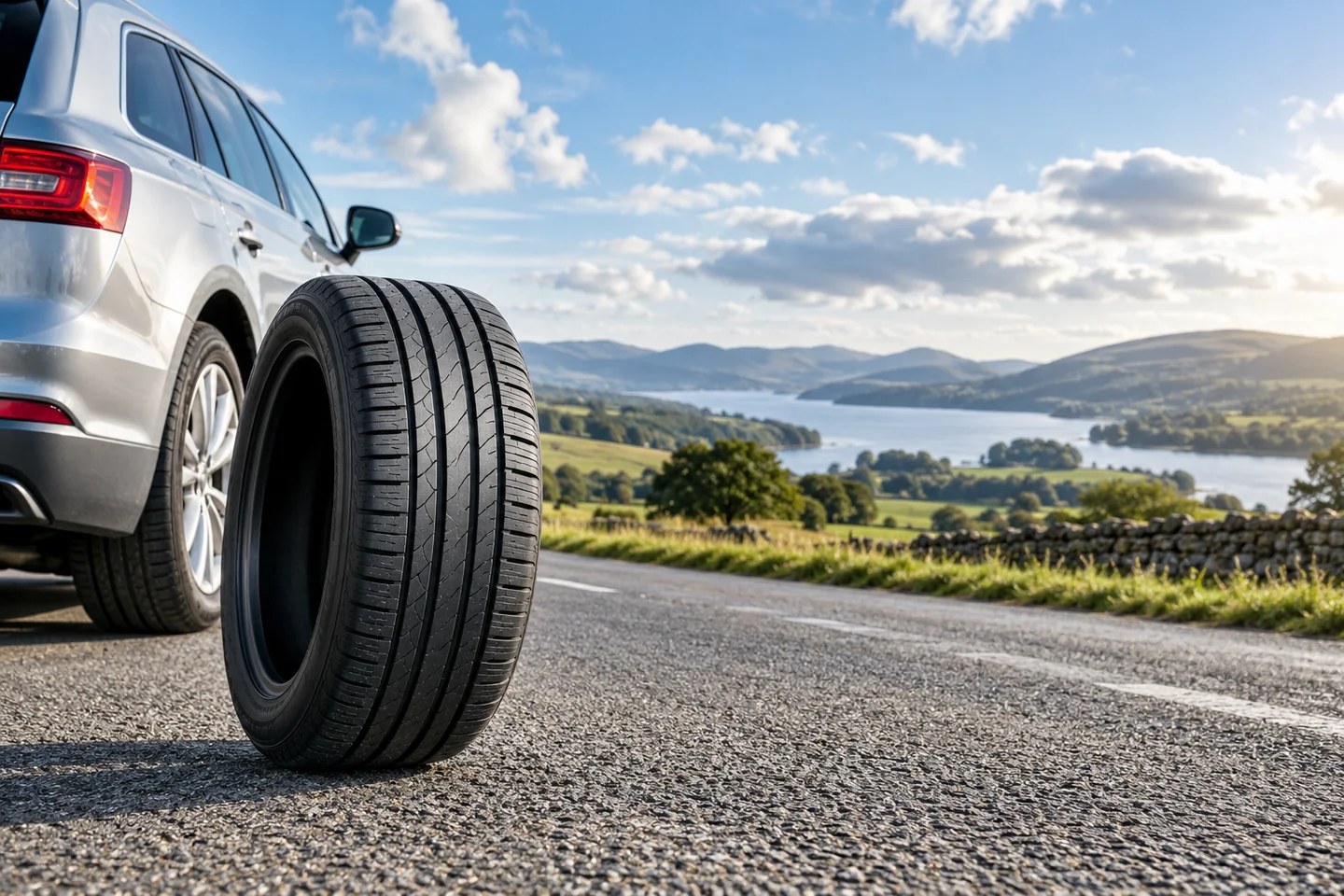 Illustrative unbranded tyre beside a family car on a country road