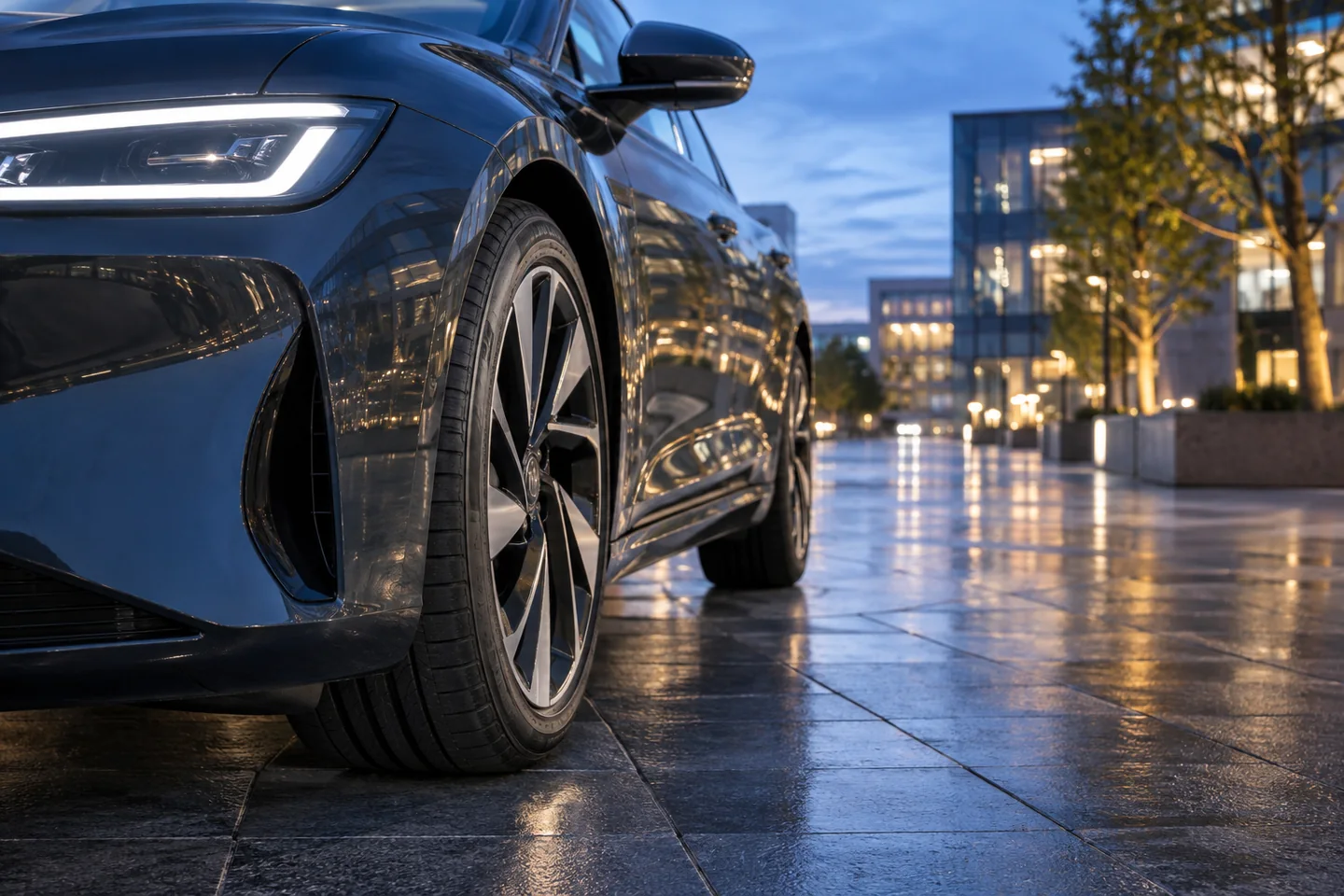Illustrative unbranded tyre on a car in a modern urban plaza