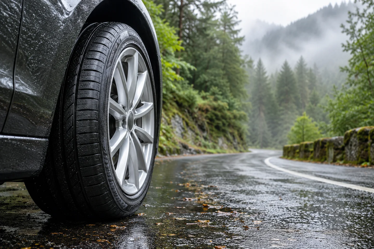 Illustrative unbranded touring tyre beside a misty forest road
