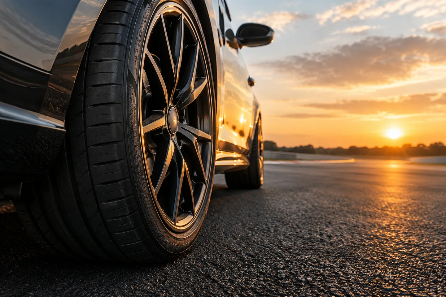 Illustrative unbranded low-profile tyre and alloy wheel on tarmac