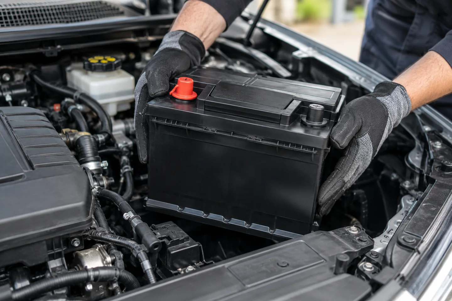 Illustrative gloved hands placing a replacement battery in an engine bay