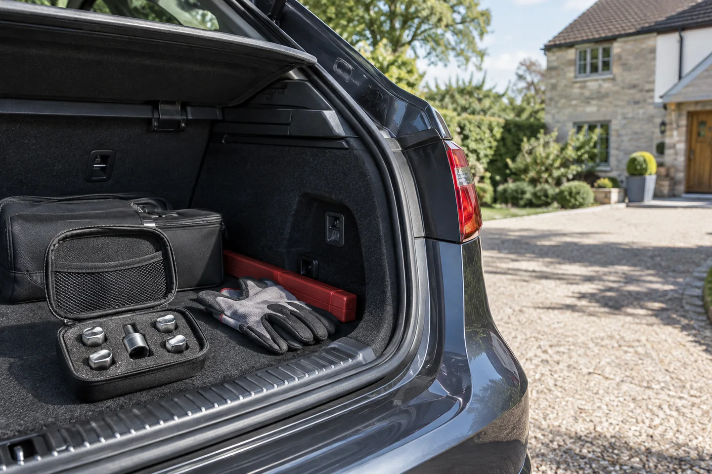 Illustrative wheel-nut key and tool case ready in a car boot