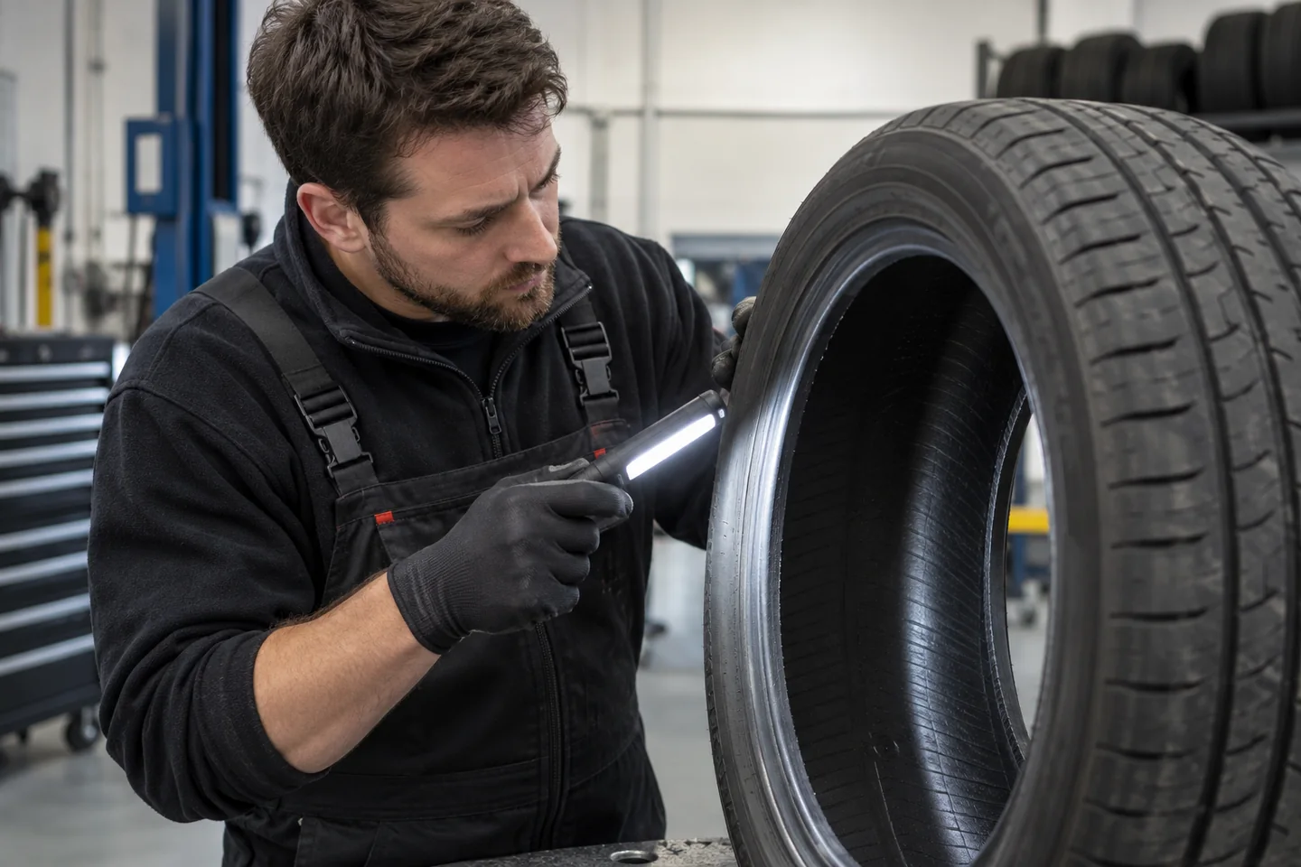 Illustrative technician examining a tyre with an inspection lamp