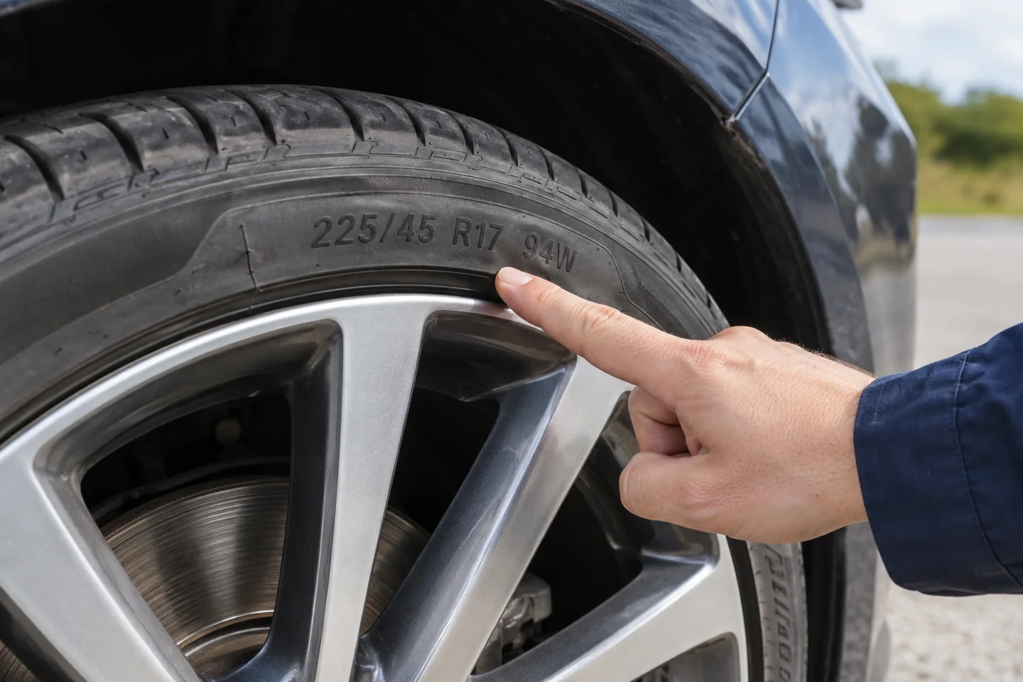 Illustrative hand pointing to the tyre marking 225/45 R17 94W