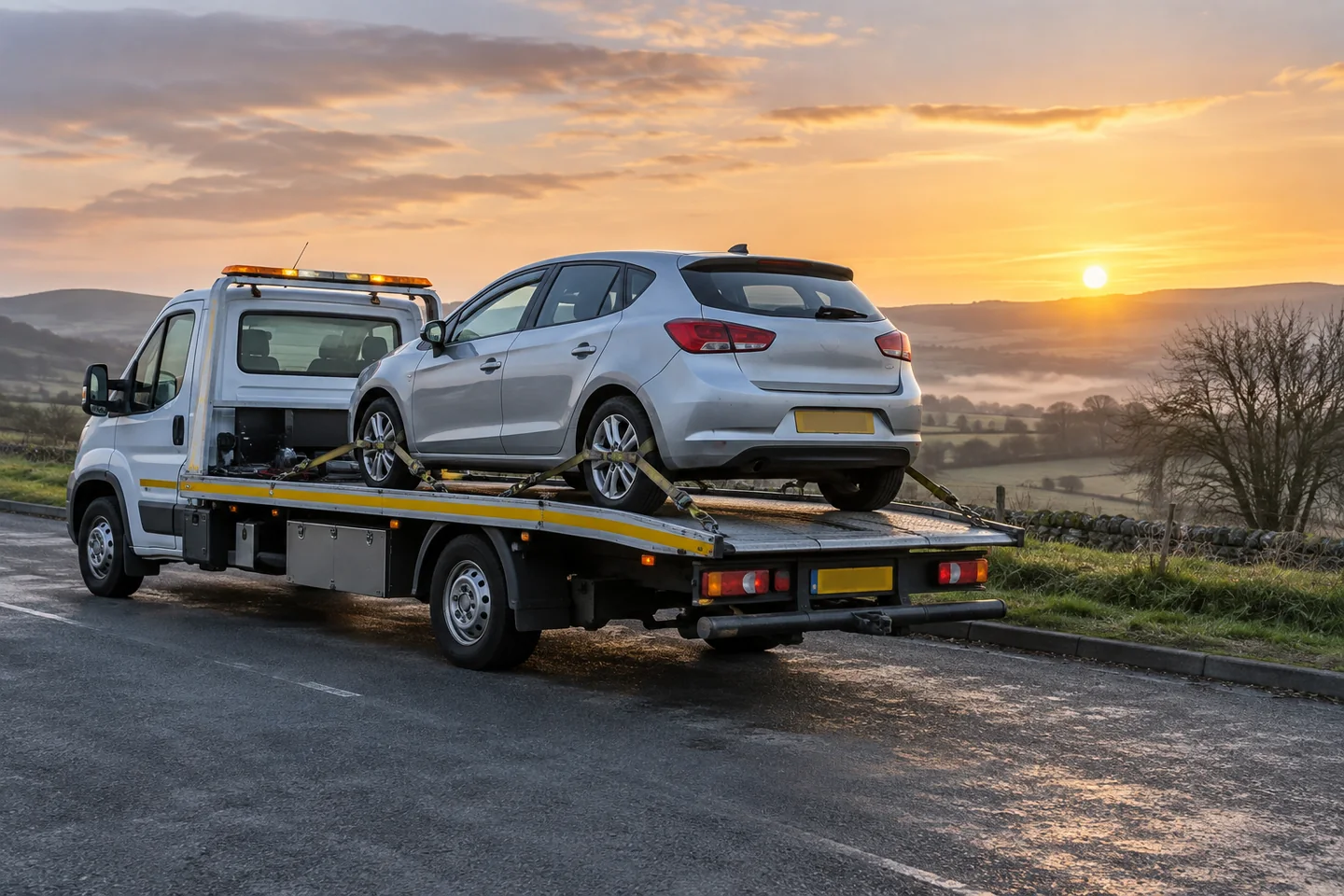Illustrative recovery truck carrying a car in a safe layby