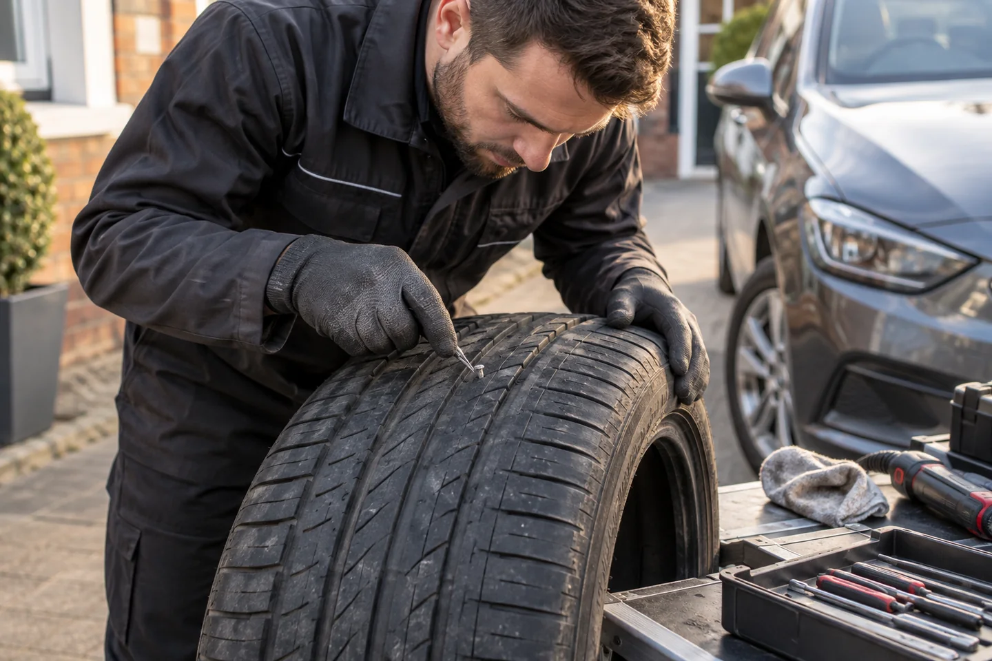 Illustrative technician inspecting a puncture in a removed tyre