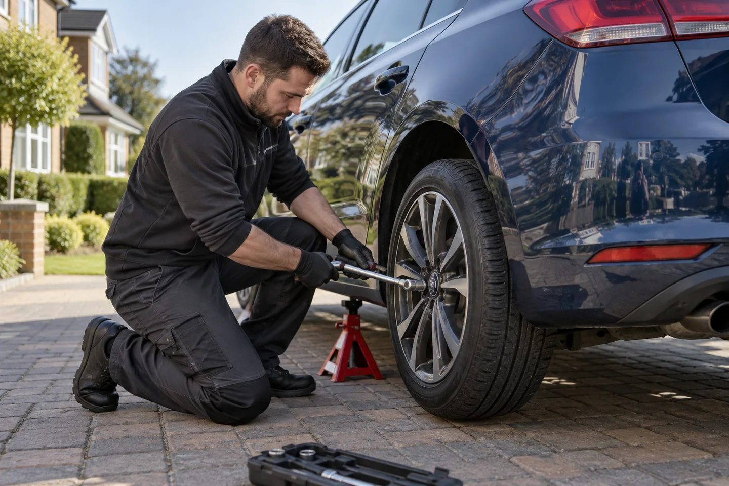 Illustrative technician fitting a wheel on a driveway