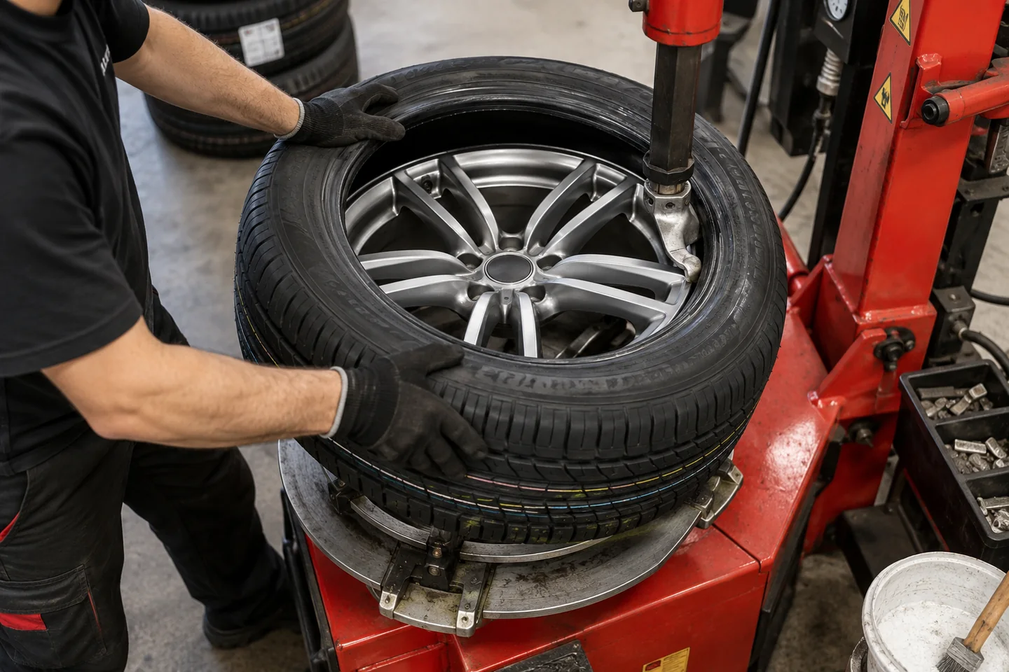 Illustrative new tyre being mounted on an alloy wheel