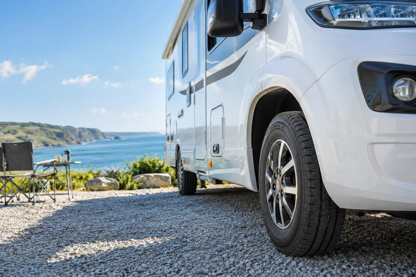 Illustrative motorhome wheel at a coastal campsite