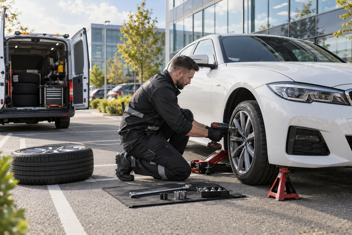 Illustrative tyre fitting beside a business car in an office car park
