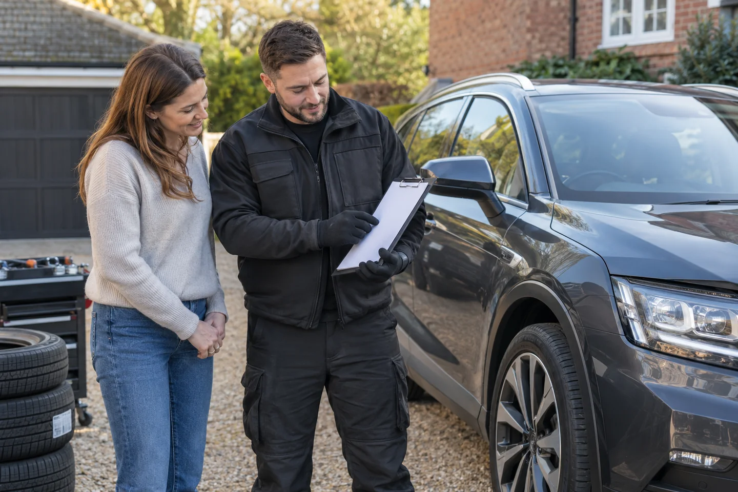 Illustrative customer and technician discussing a planned fitting