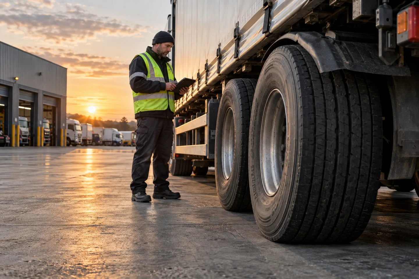 Illustrative heavy goods vehicle tyres at an industrial depot