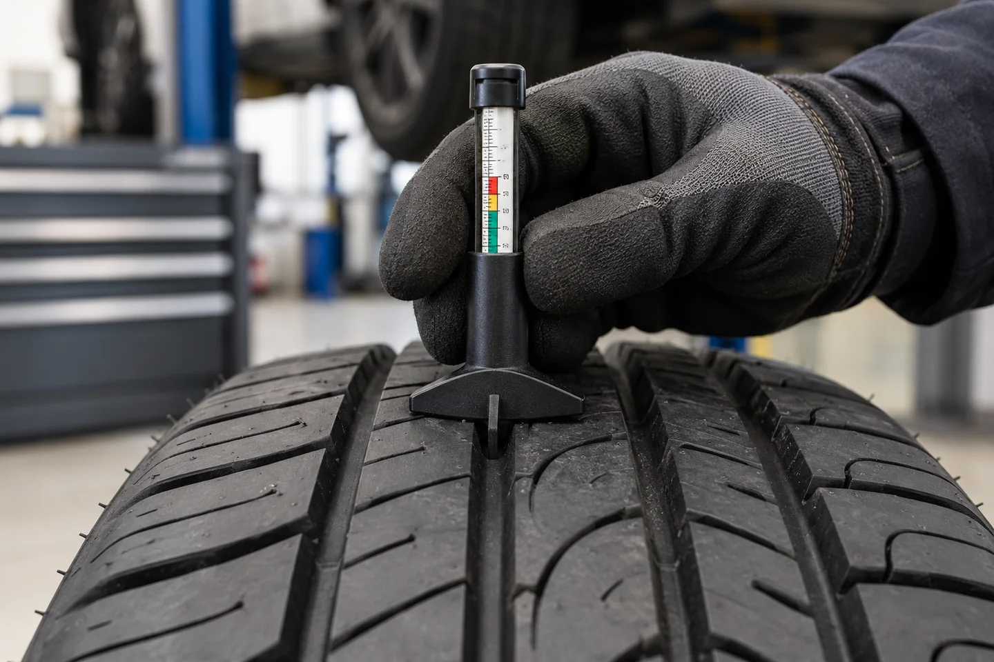 Illustrative tread-depth gauge checking tyre grooves