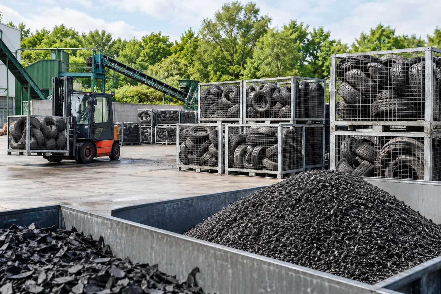 Illustrative sorted end-of-life tyres and recycled rubber at a collection facility