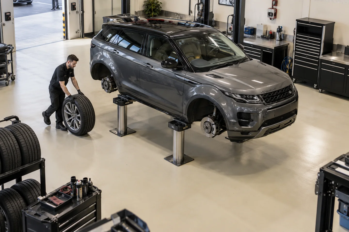 Illustrative technician moving a wheel beside a car on a workshop lift