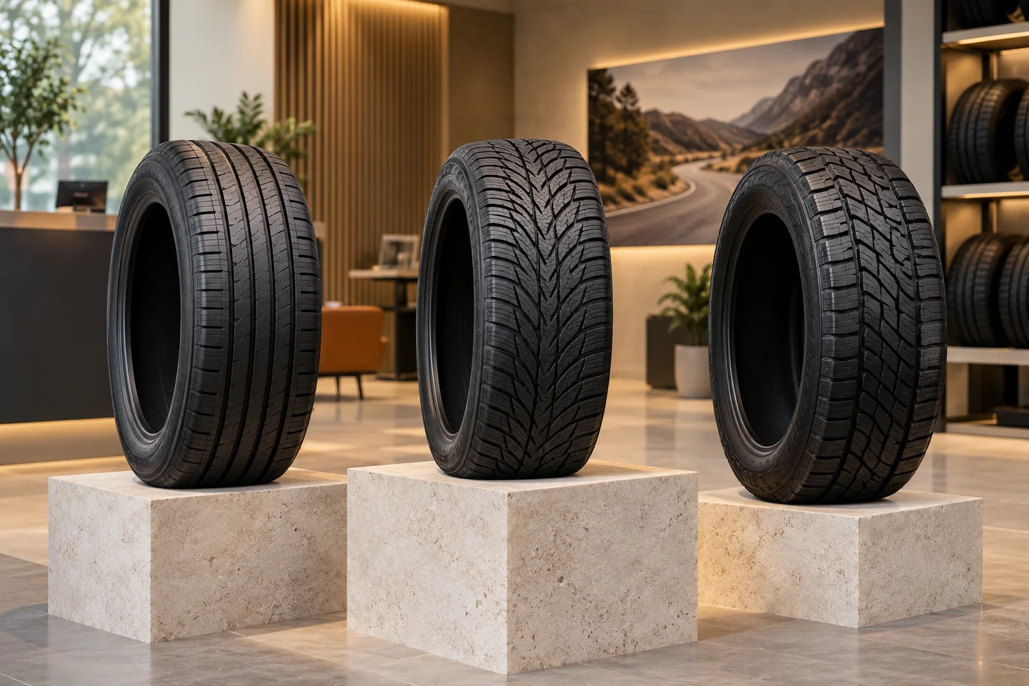 Illustrative three unbranded tyres on a showroom display