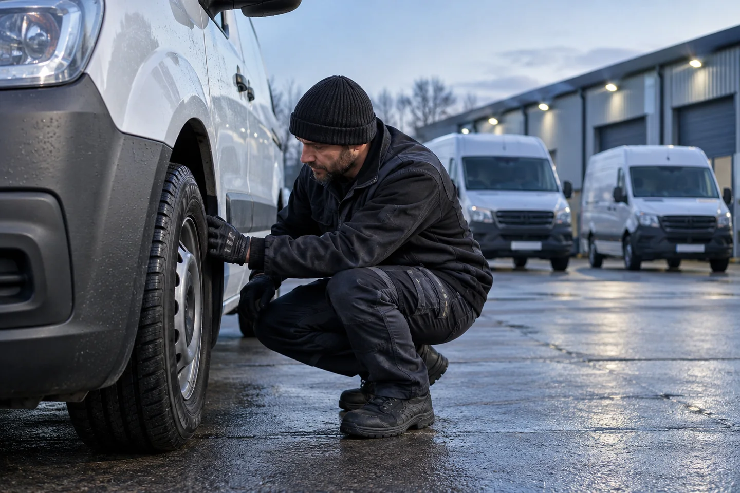 Illustrative delivery vans and commercial tyre inspection at a depot
