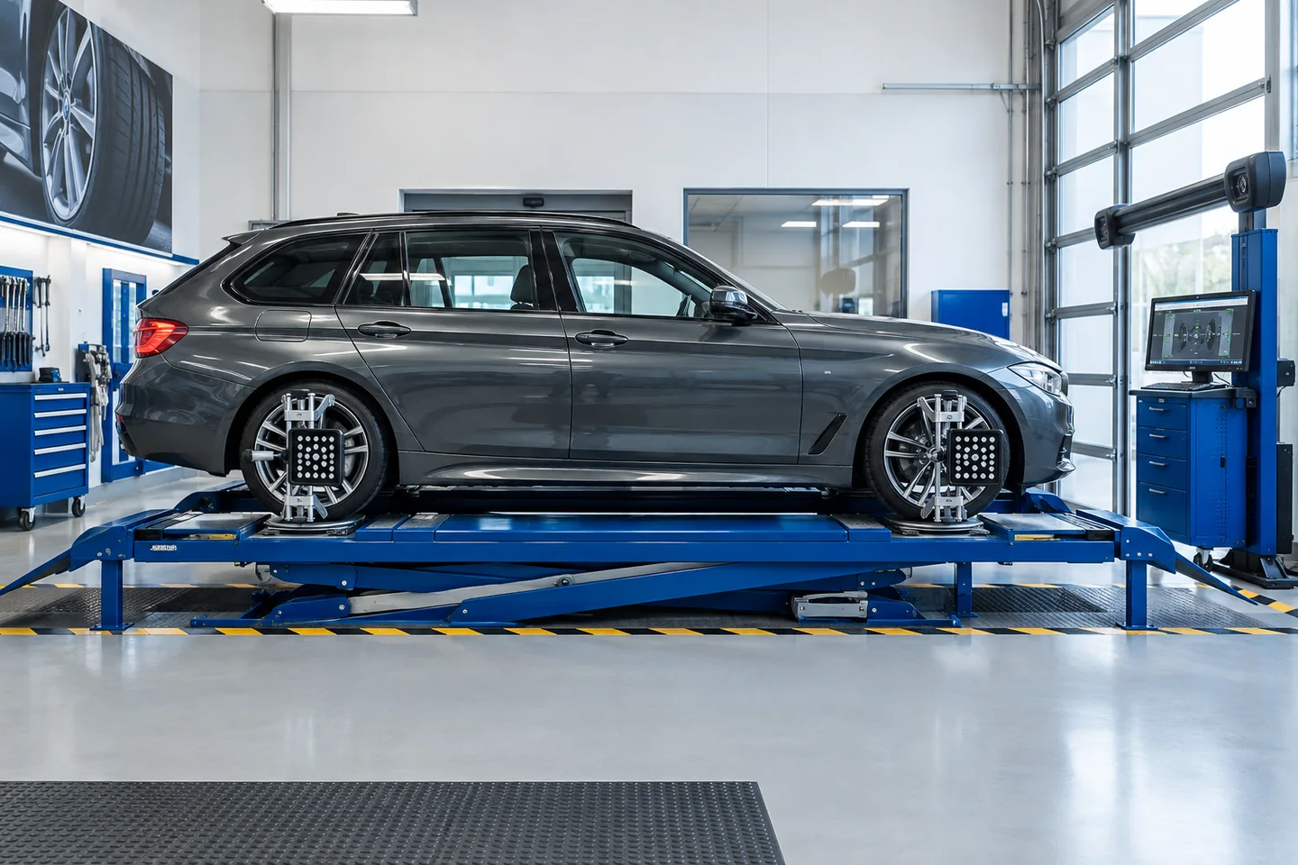 Illustrative car on a four-wheel laser alignment rack