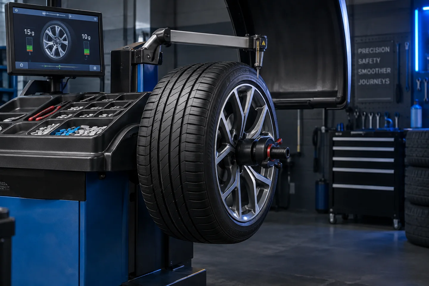 Illustrative alloy wheel mounted on a wheel-balancing machine